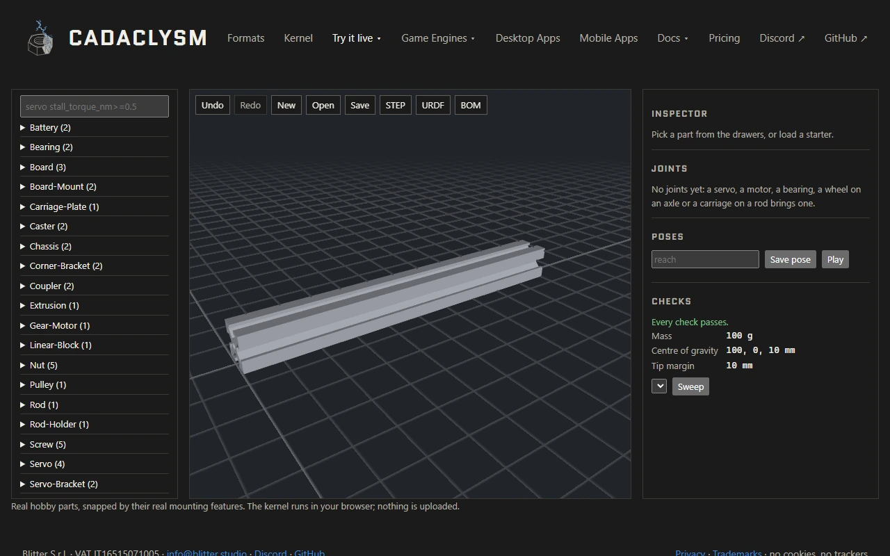 A 200 mm 2020 aluminium bar on the grid; the checks say every check passes, 100 g