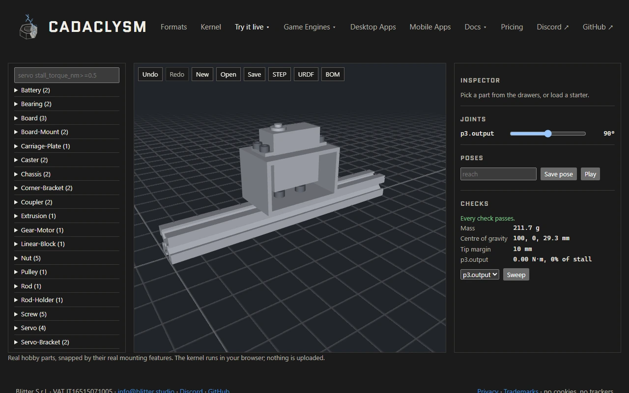 The MG996R servo in its mount on the bar; the joints list shows its output at 90 degrees, and the checks show its load