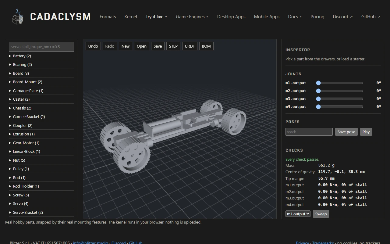 The 4-wheel rover starter: a chassis with four gear motors and wheels, four wheel joints and every check passing
