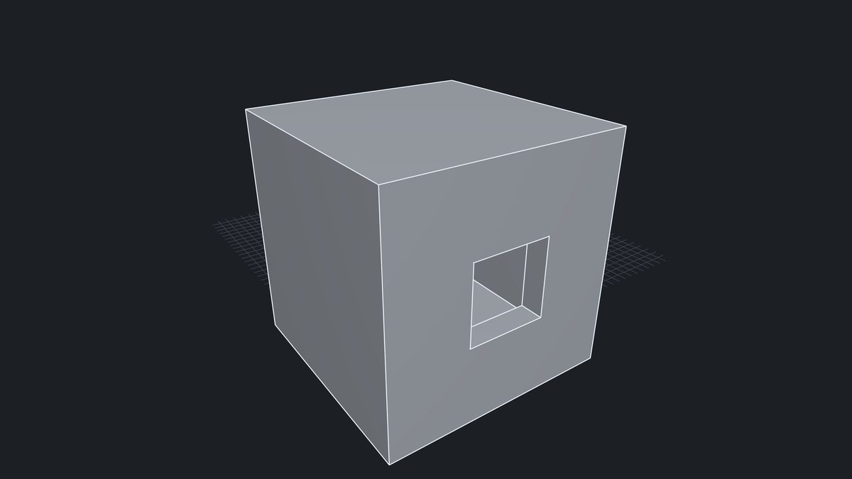 A hollow cube with a square window in one wall