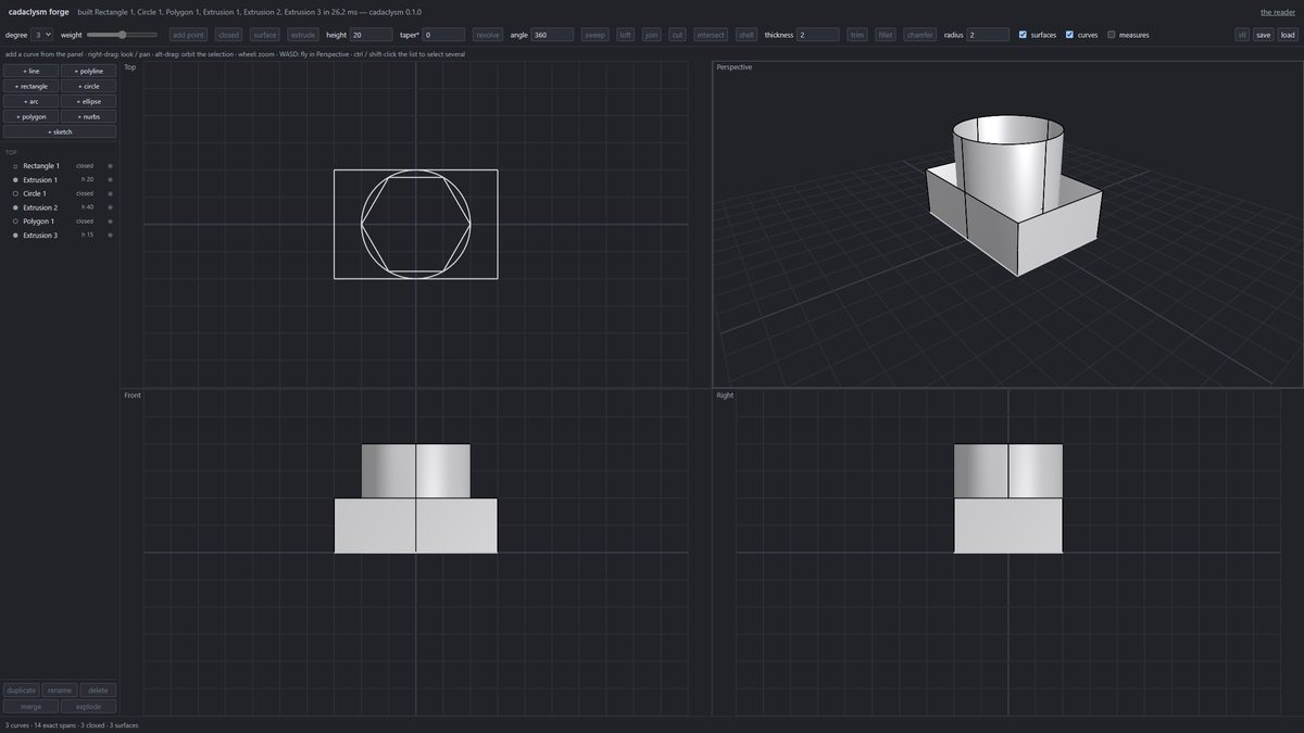 The forge: four views of three sketched solids
