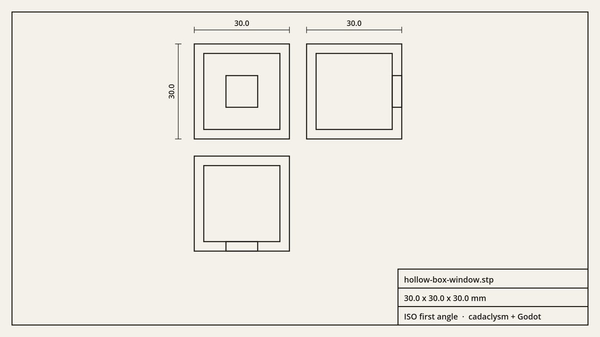 A drawing sheet with three views of a hollow box with a window, its sizes and a title block