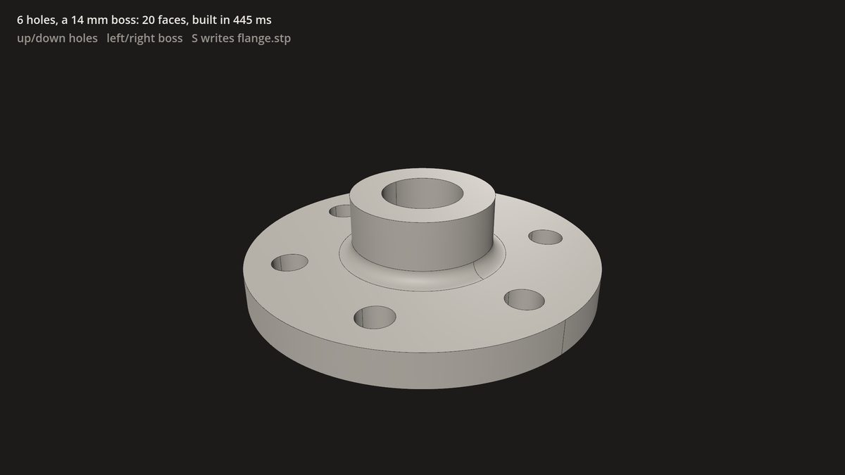 A flange with six bolt holes and a filleted boss, with its edges, in a Godot window, its face count and build time above it