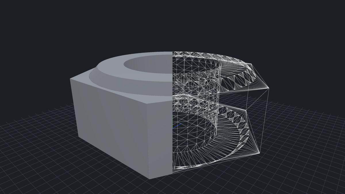 The Cadaclysm nut, exact surfaces on the left half and a triangle mesh on the right