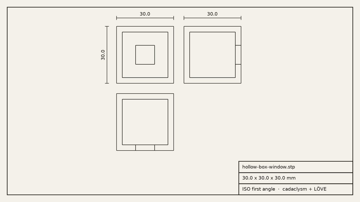 A drawing sheet with three views of a hollow box with a window, its sizes and a title block