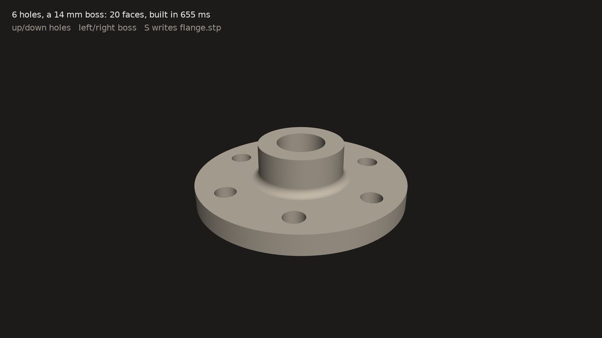 A flange with six bolt holes and a filleted boss, drawn in a LÖVE window, with its face count and build time above it