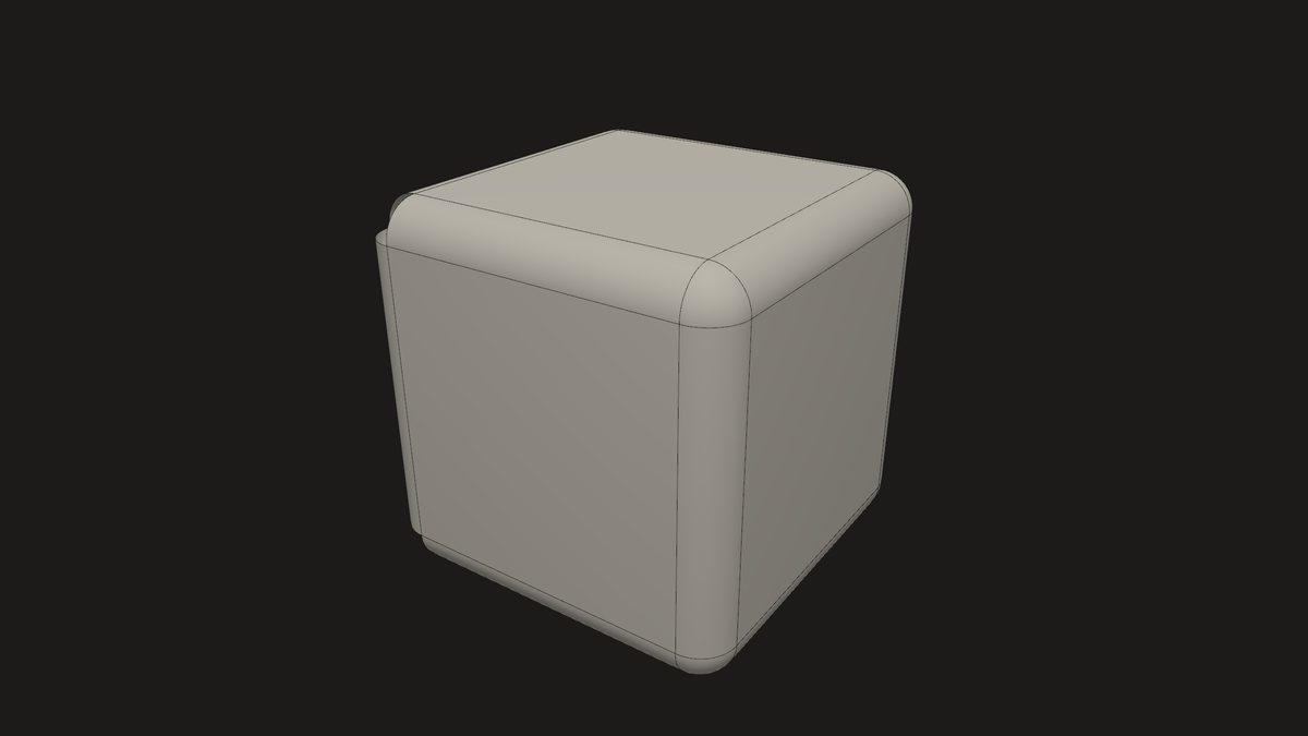 A cube with every edge filleted, shaded with its edges, in LÖVR