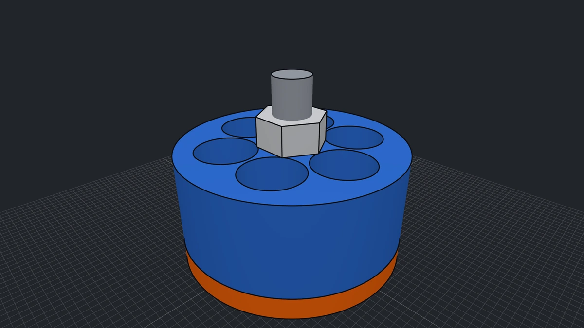 A drone motor built with the code below: a windowed bell over a wound stator, a threaded shaft and a chamfered nut, exact surfaces with their edges
