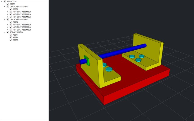 The Qt viewer: an assembly's node tree on the left, the assembly drawn by cadaclysm_view on the right