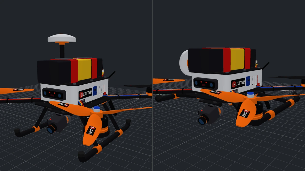 The quadcopter twice: at rest, and with its landing gear retracted and its GPS mast folded