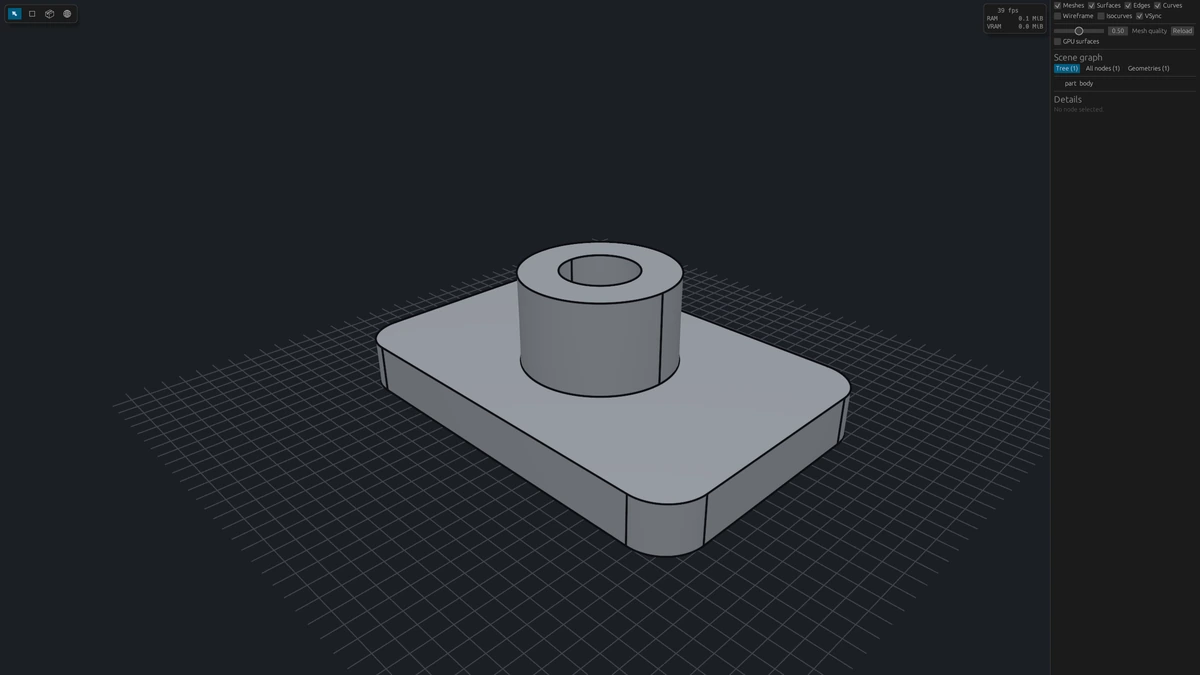 The desktop viewer with a part loaded and its tree beside it